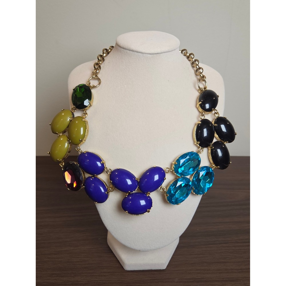 Multi Color Statement Bib Necklace Gold Tone Chunky Resin Glass Crystal Collar